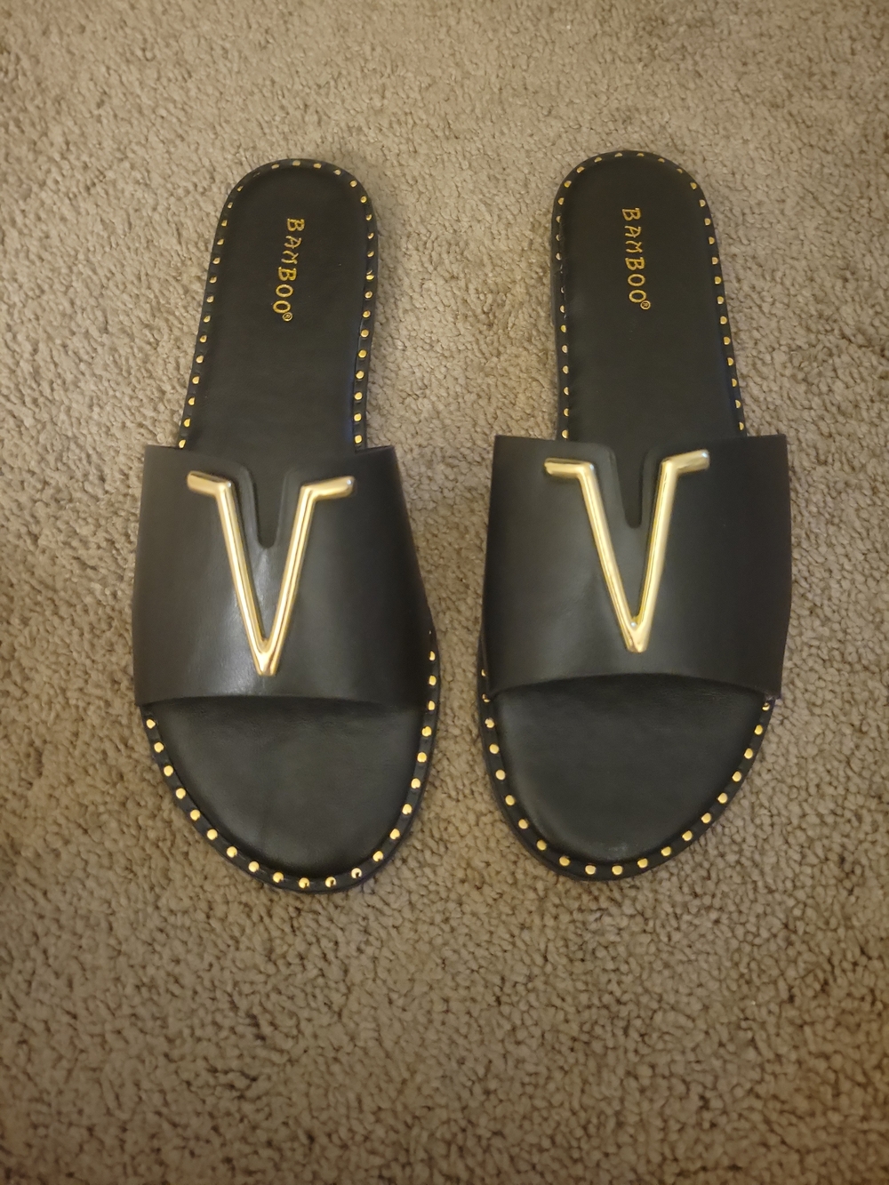 Bamboo Black Slide Sandals with Gold Accent